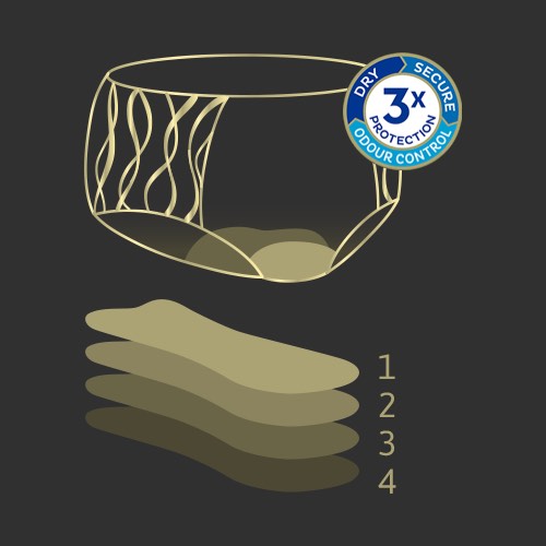 An illustration of a pair of TENA Stylish washable underwear and the 4 layers. A Triple protection icon on top of the underwear illustration.  An illustration of a pair of TENA Stylish washable underwear and the 4 layers. A Triple protection icon on top of the underwear illustration.